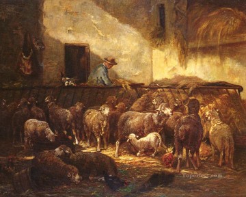 フランス 1813 ～ 1894 年 納屋の羊の群れ 動物作家 シャルル・エミール・ジャック Oil Paintings